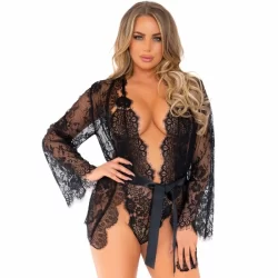 Alternative view of Leg Avenue Floral Lace Teddy & Robe Set Black Size M - 3-Piece Lingerie Ensemble