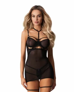 Obsessive Arrowel Black Chemise - Elegant Sheer Lace Lingerie, Adjustable Fit