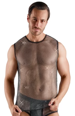 Svenjoyment Men's Sleeveless Net Shirt 2XL Black with Sparkling Gems