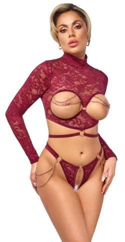 Alternative view of Abierta Fina Open Cup Lace Top & Crotchless Thong Red S