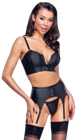 Cottelli PARTY Matte Black Rhinestone Zip Top & Suspender Set S