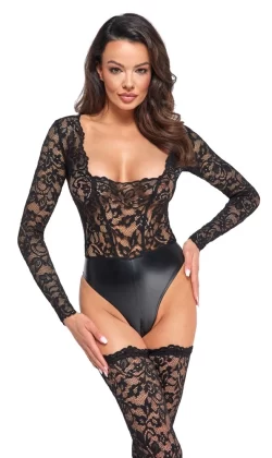 Noir Handmade Lace & Powerwetlook Bodysuit M - Long Sleeve, Zippered