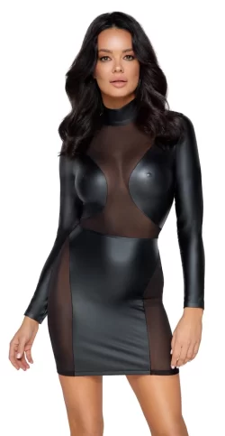 Cottelli Collection Black Long Sleeve Mini Dress with Mesh Panels S