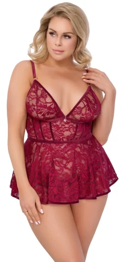 Cottelli CURVES Babydoll Set Red XL - Lace & Velvet - Asu ja Lelu