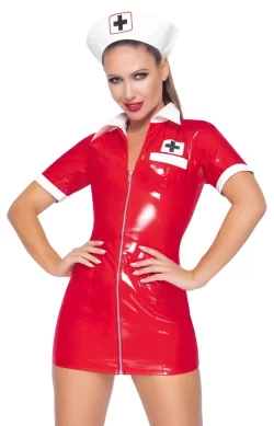 Alternative view of Black Level Vinyl Medical-Themed Dress Red with Bonnet Set