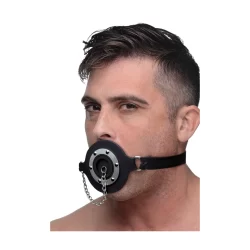 XR Brands Pie Hole Silicone Open Mouth Gag with Removable Plug Black