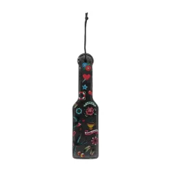 Ouch! Leather Paddle with Printed Design, Adjustable Wrist Strap, Black