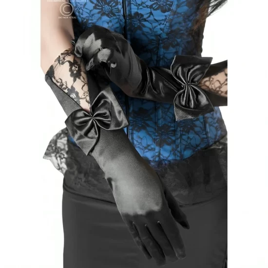 Chilirose CR 3252 Elegant Black Satin Gloves with Lace & Bow Detail